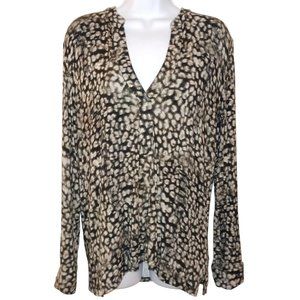 MAJESTIC FILATURES Large/3 Black Viscose w/ Animal Print V-Neck Long SL Knit Top